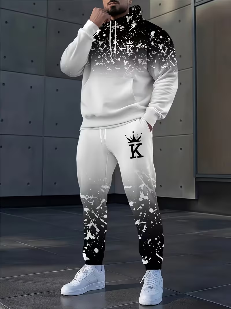 Mens Fashion Casual Outfits - Moda Taç Baskılı Kapüşonlu Üst ve