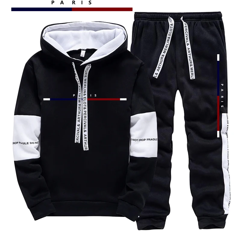 Mens Fashion Casual Outfits - Paris Modası Baskılı Erkek Takımı/Hoodie/Pantolon Sonbahar